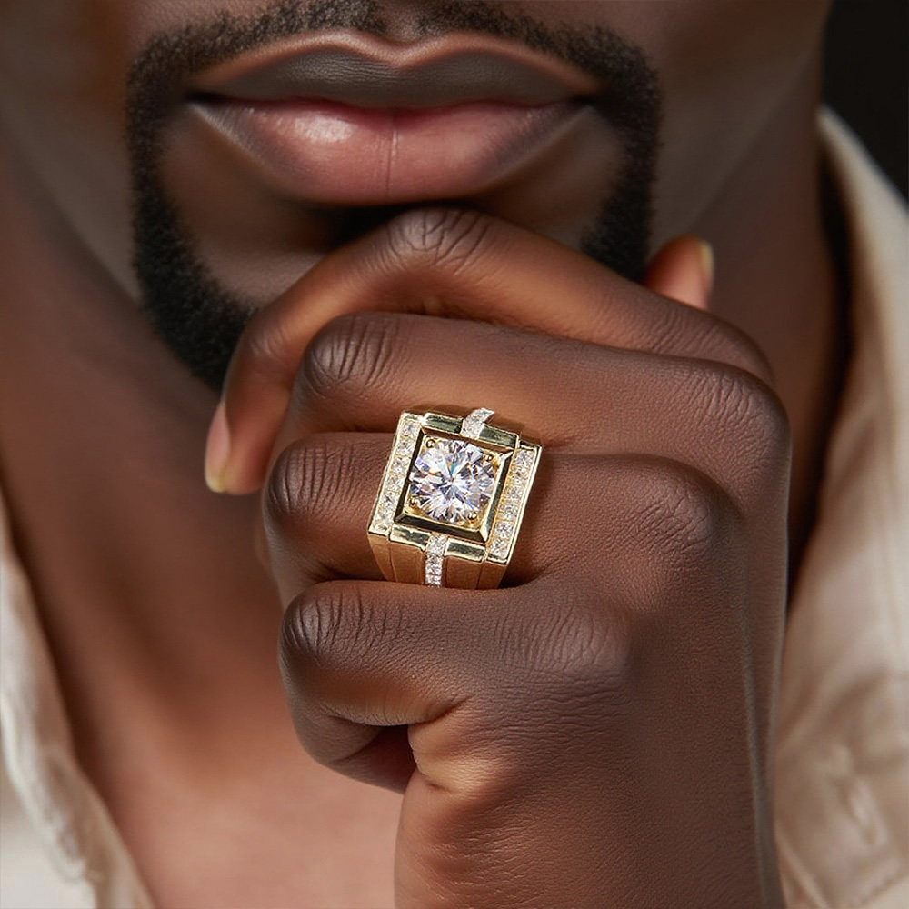 925 Sterling Silver Gold - Plated Round & Baguette Moissanite Hip - Hop Ring