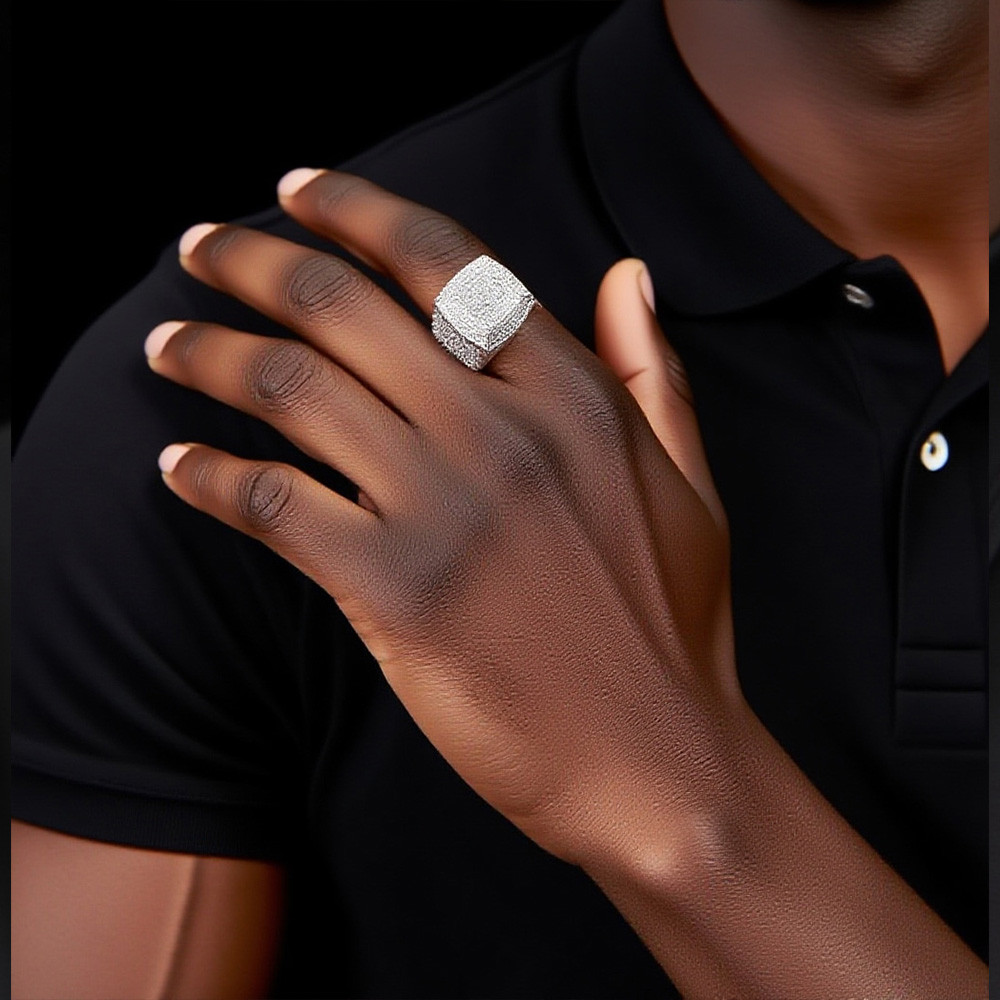 925 Silver Moissanite Loaded Square Domed Top Hip - Hop Bling Ring