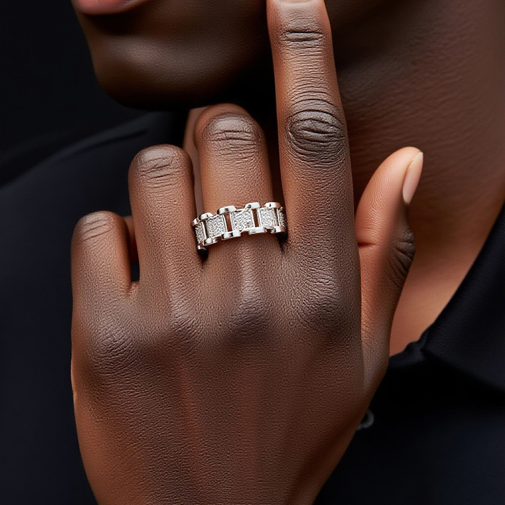 925 Sterling Silver Pave - Set Gold - Coated Moissanite Link - Design Hip - Hop Ring