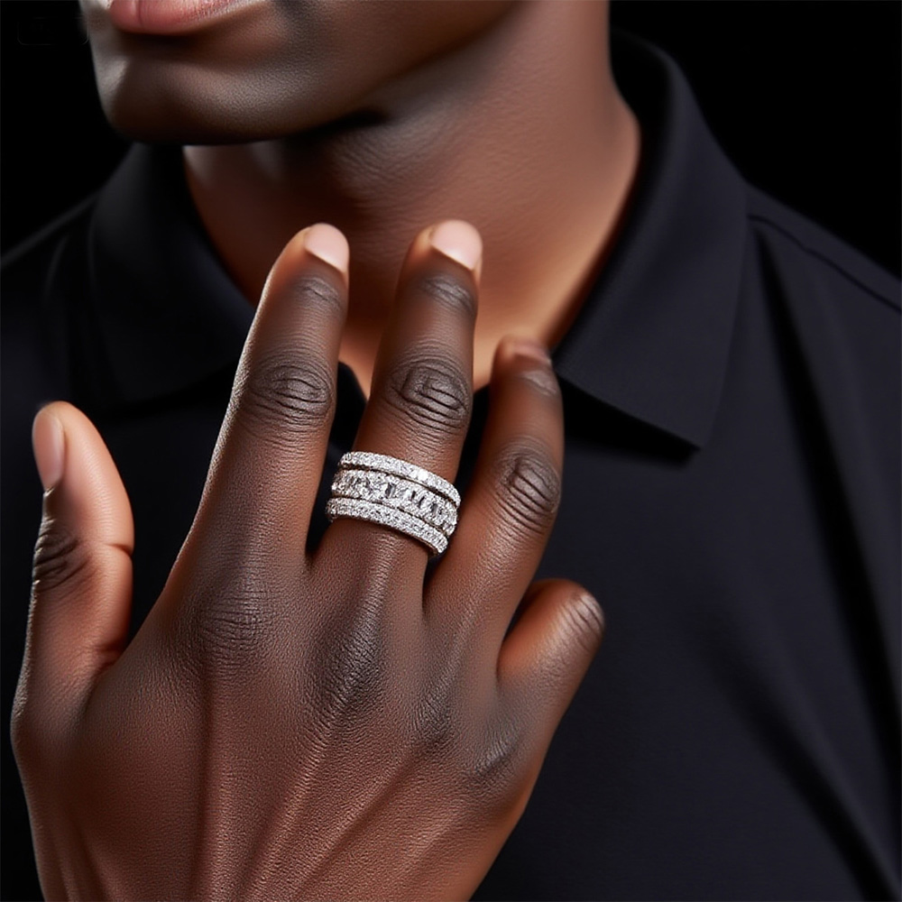 925 Sterling Silver Iced - Out Chain - Linked Moissanite Hip - Hop Ring