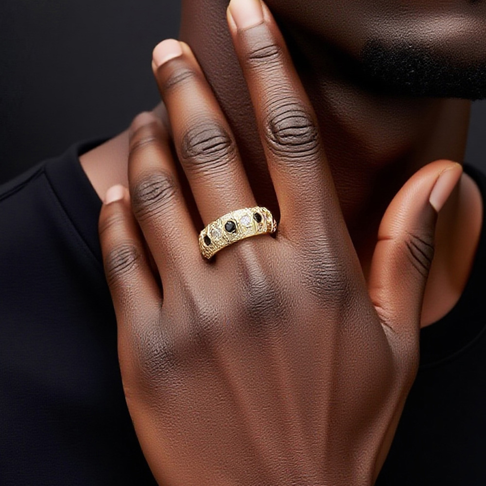 925 Sterling Silver Moissanite & Onyx Contrast - Gem Hip - Hop Ring