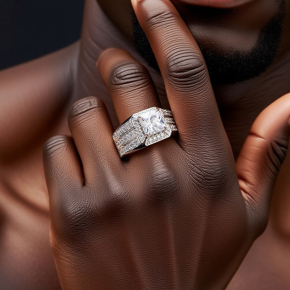 925 Silver Iced - Out Square - Gem Hip - Hop Bling Ring