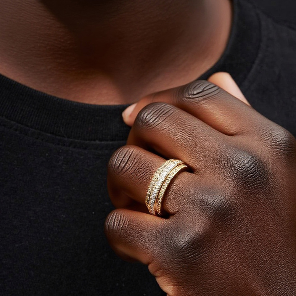 925 Silver Bling - Layered Gold - Tone Moissanite Dual - Cut Hip - Hop Rin