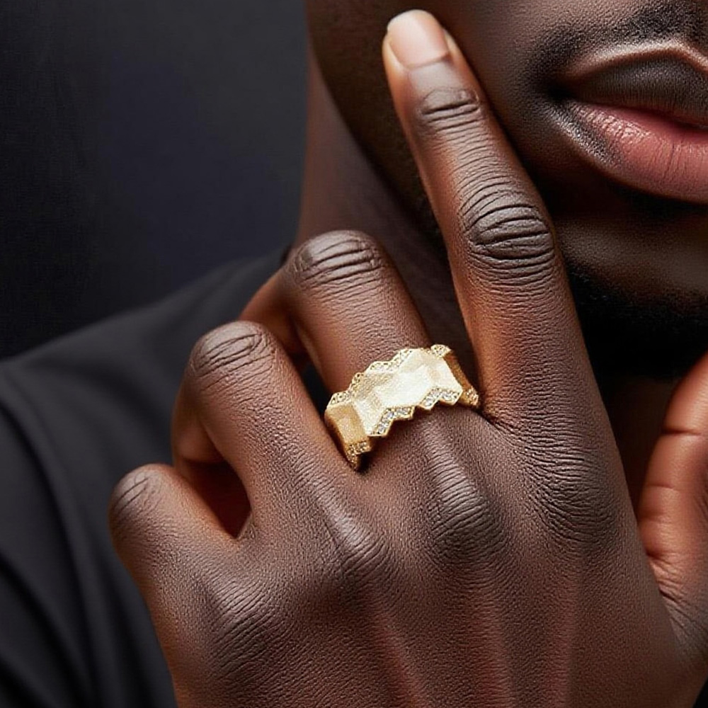 925 Sterling Silver Pave - Set Gold - Coated Moissanite Zig - Zag Hip - Hop Ring