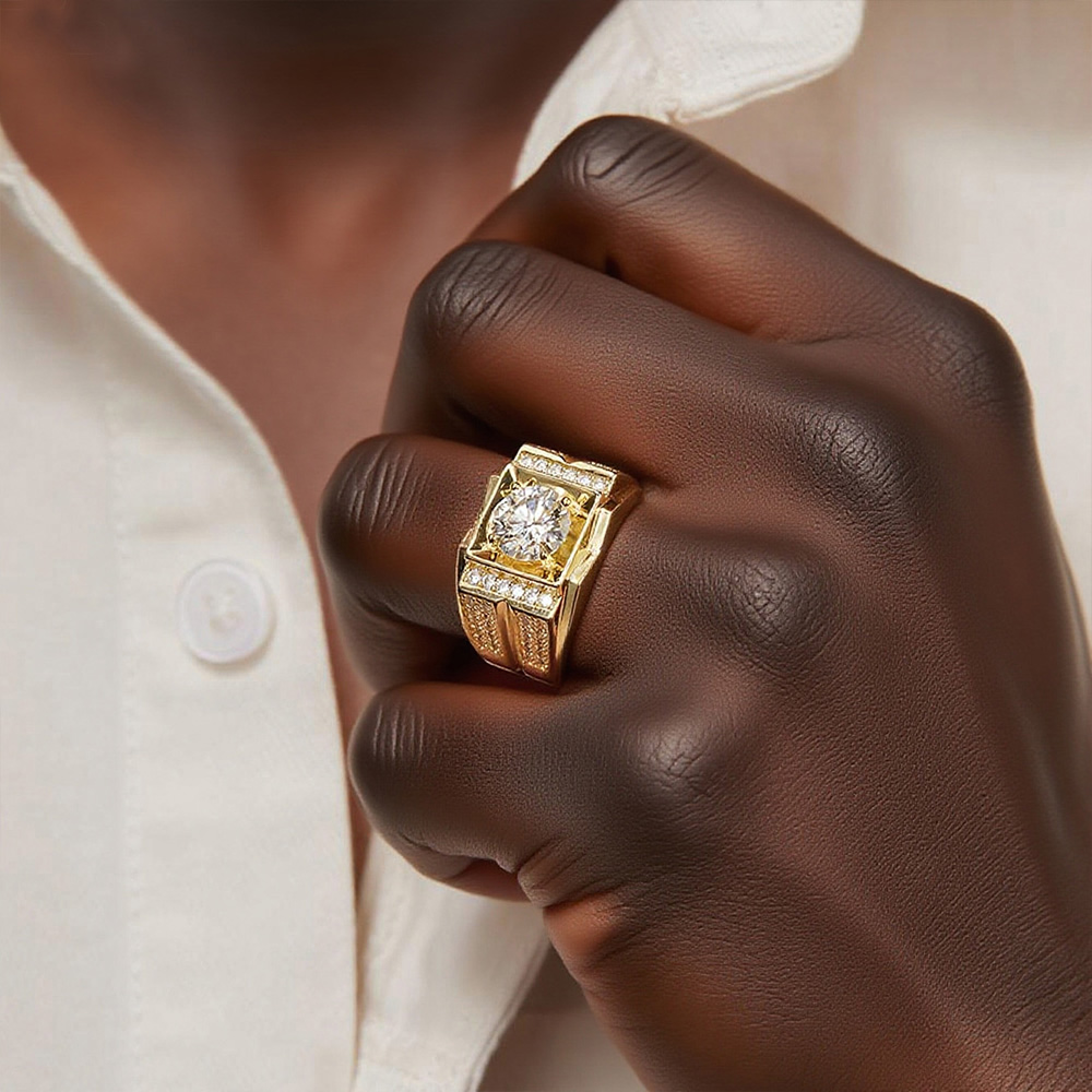 925 Sterling Silver Gold - Plated Moissanite Square - Framed Hip - Hop Ring