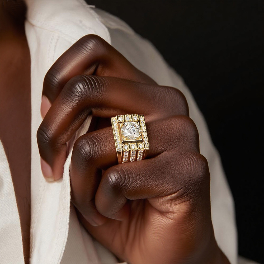 925 Silver Bling - Focused Gold - Tone Moissanite Statement Hip - Hop Ring