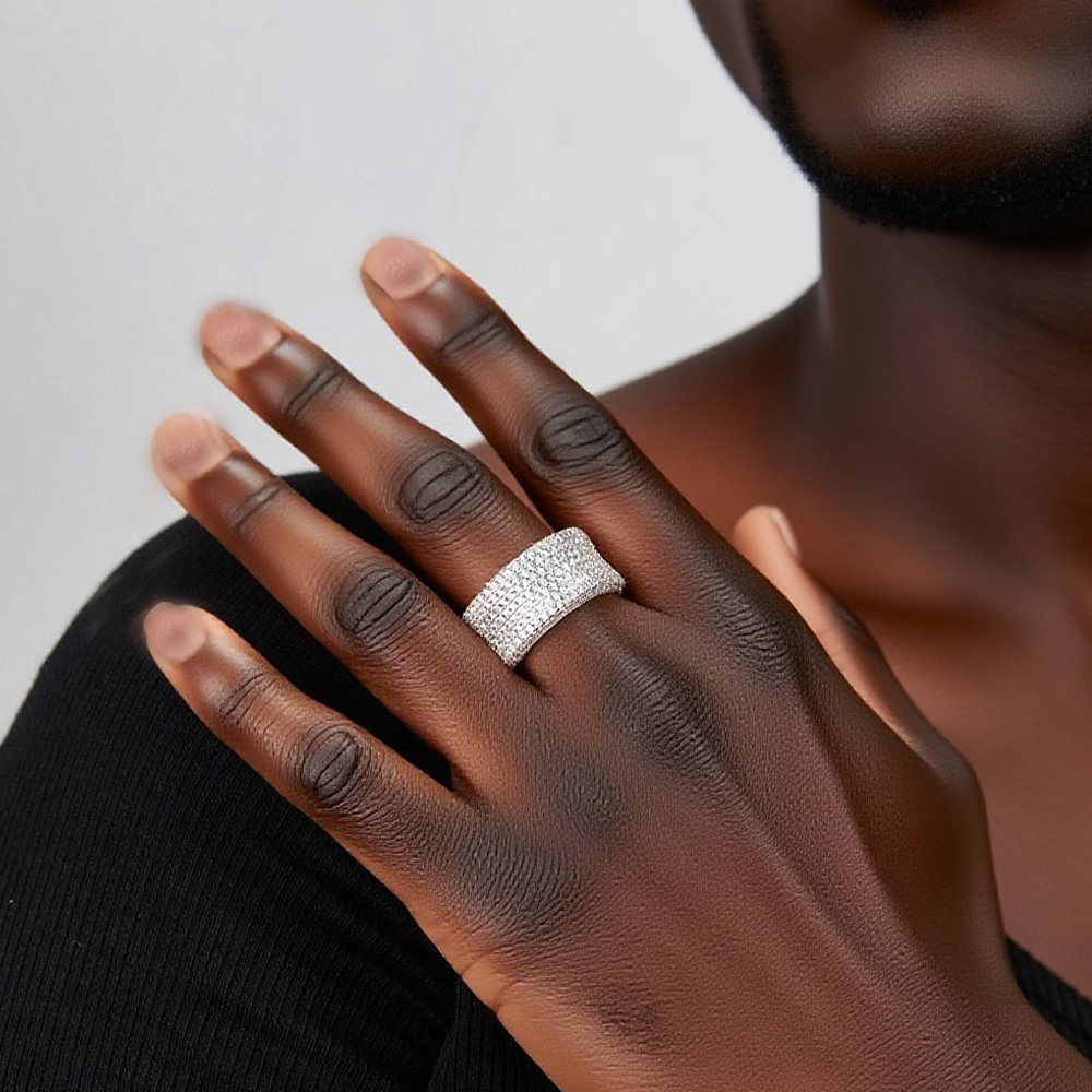 925 Sterling Silver Full Pave Moissanite Pave - Set Hip - Hop Bling Ring