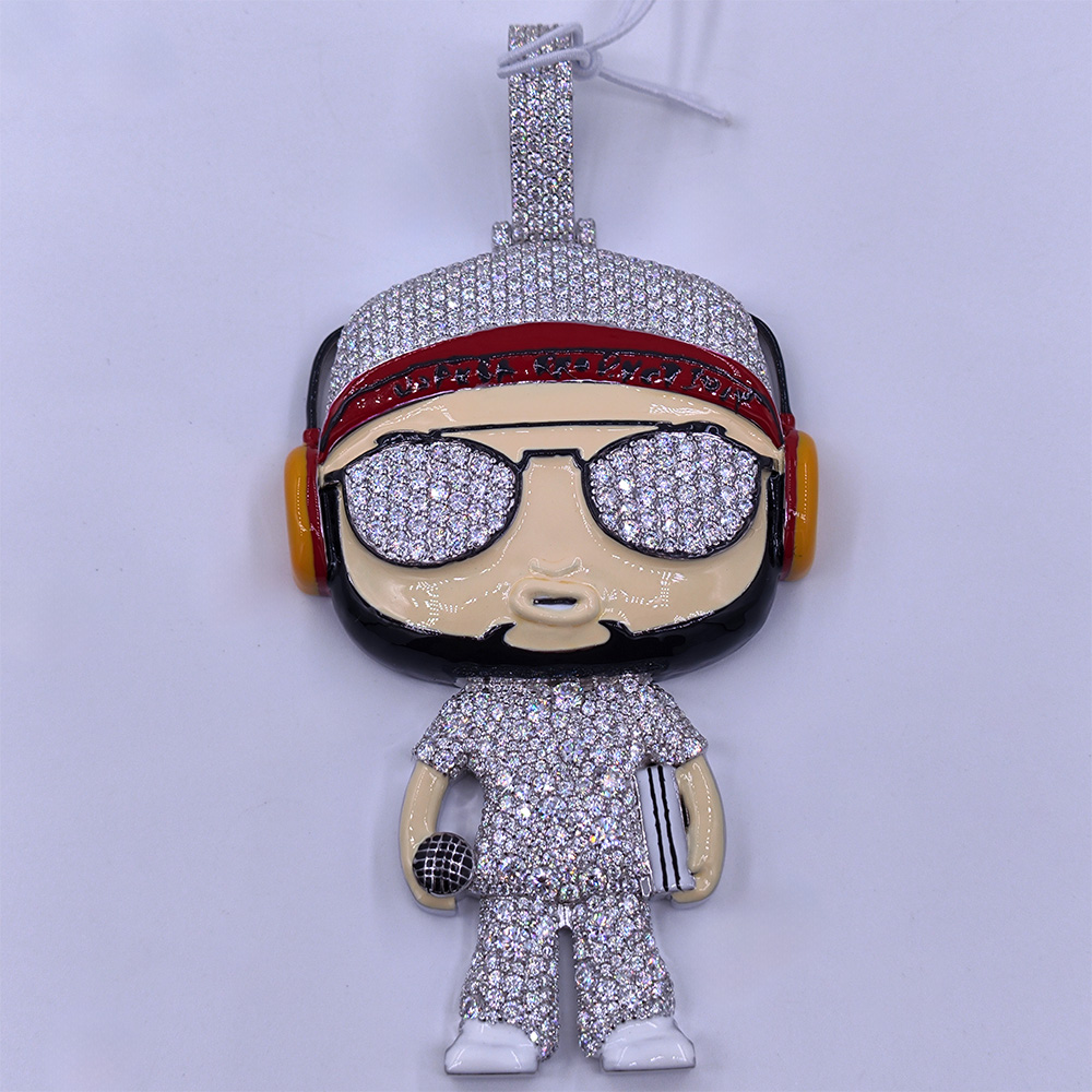 Iced-Out Bling Boss: 925 Silver VVS Moissanite Hip-Hop Rapper Pendant – Cartoon Icon with Mic & Headphones, Full-Cut Diamond-Like Sparkle HP-25003