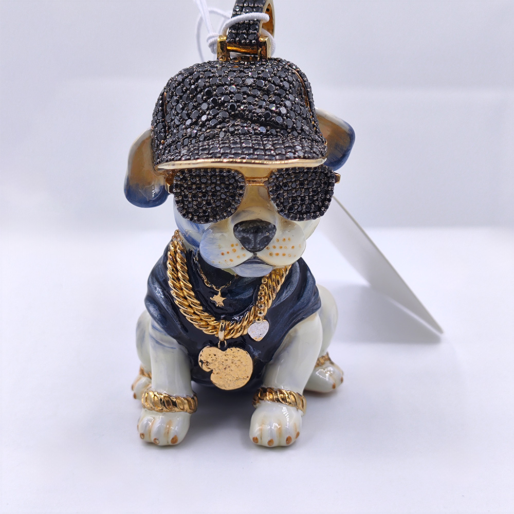 Iced-Out Hip-Hop Bulldog Pendant – 925 Silver VVS Moissanite Bling Boss Dog with Gold Drip, Chain & Shades”HP-25004