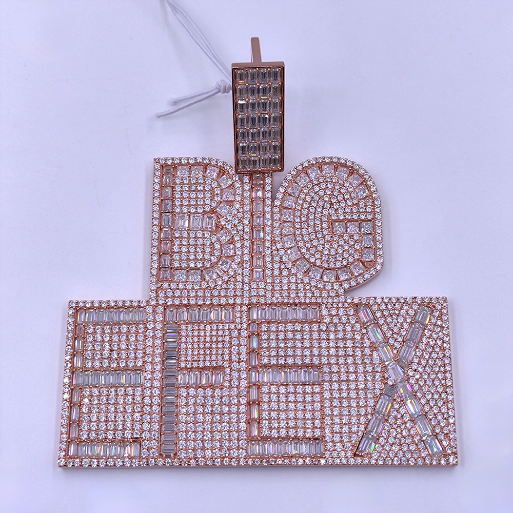 “Iced-Out BIG CHECK Hip-Hop Pendant – 925 Silver VVS Moissanite Bling Statement Piece with Bold Typography & Street Style Flair”HP-25008