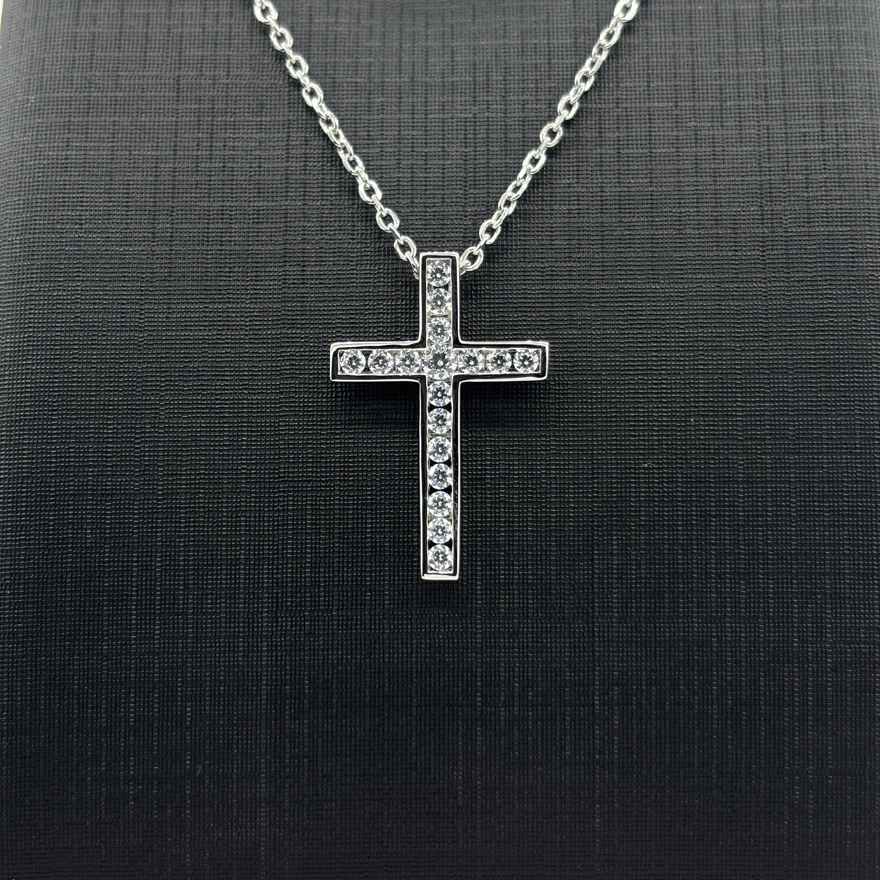925 Sterling Silver Cross Necklace with Moissanite - Paved Stone & Sleek Strip Design Religious Fine Jewelry