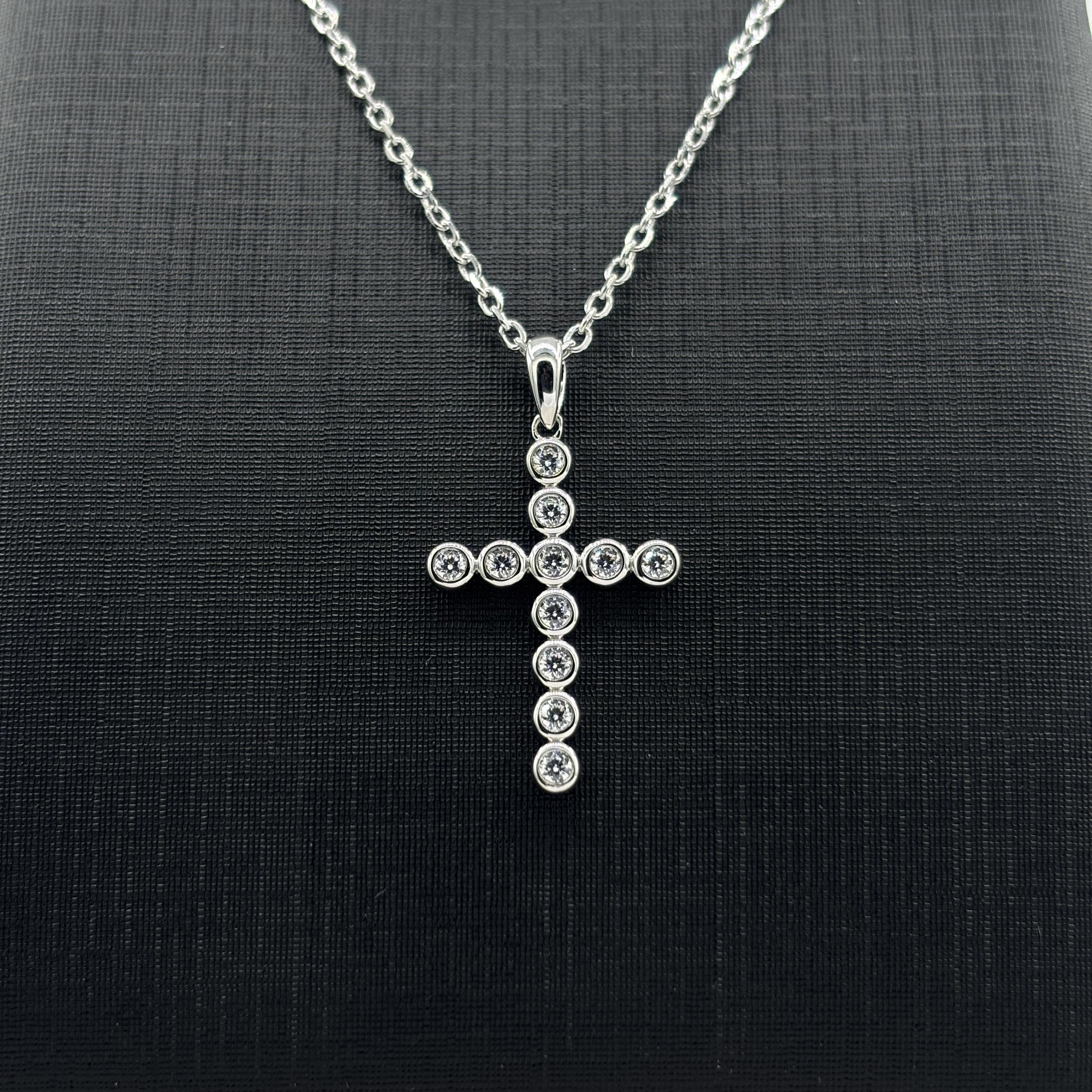 925 Sterling Silver Cross Necklace with Moissanite - Paved Stone & Delicate Prong Setting Religious Fine Jewelry