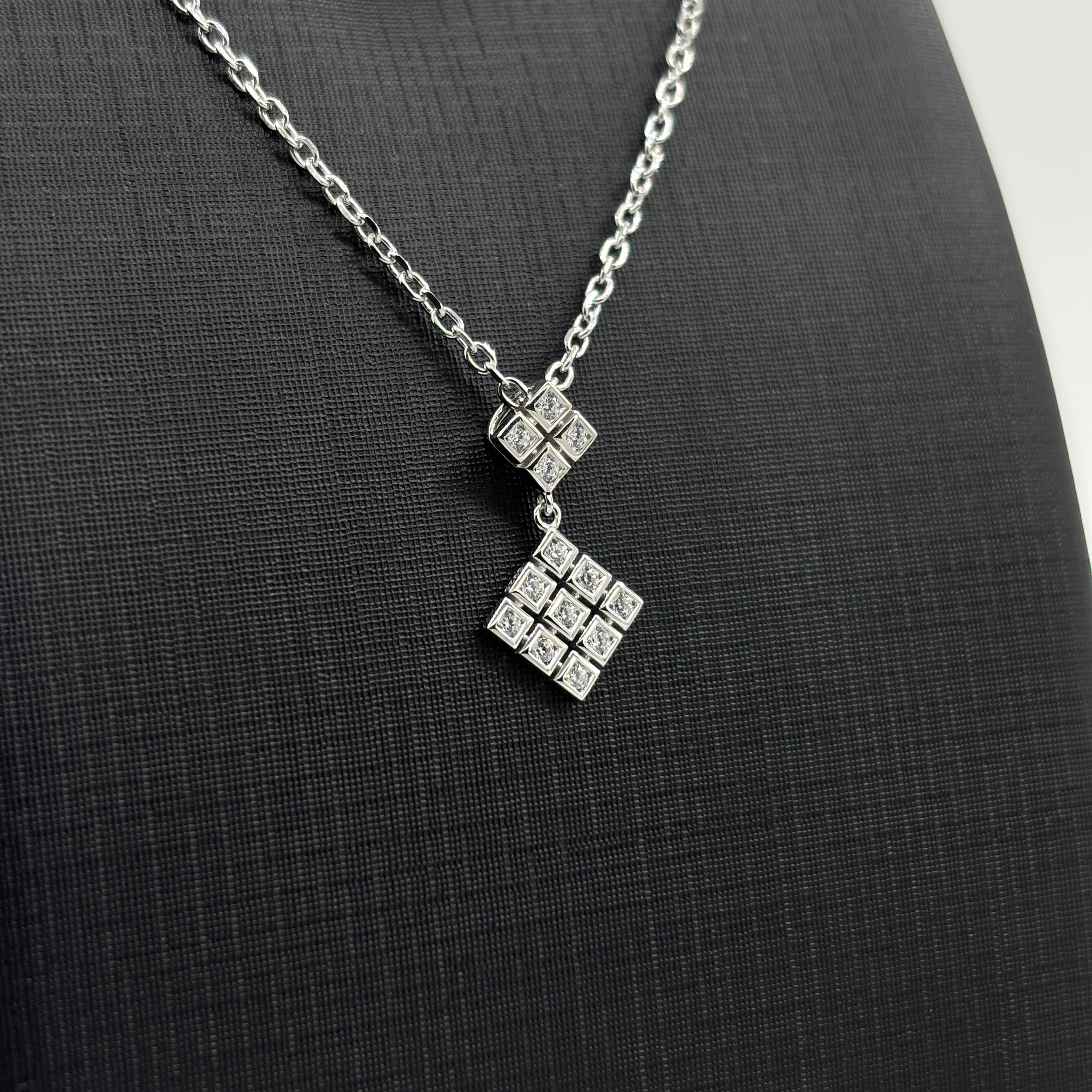 925 Sterling Silver Double Diamond Shaped Necklace with Moissanite - Grid Paved Setting & Layered Design Fashion Fine Jewelry