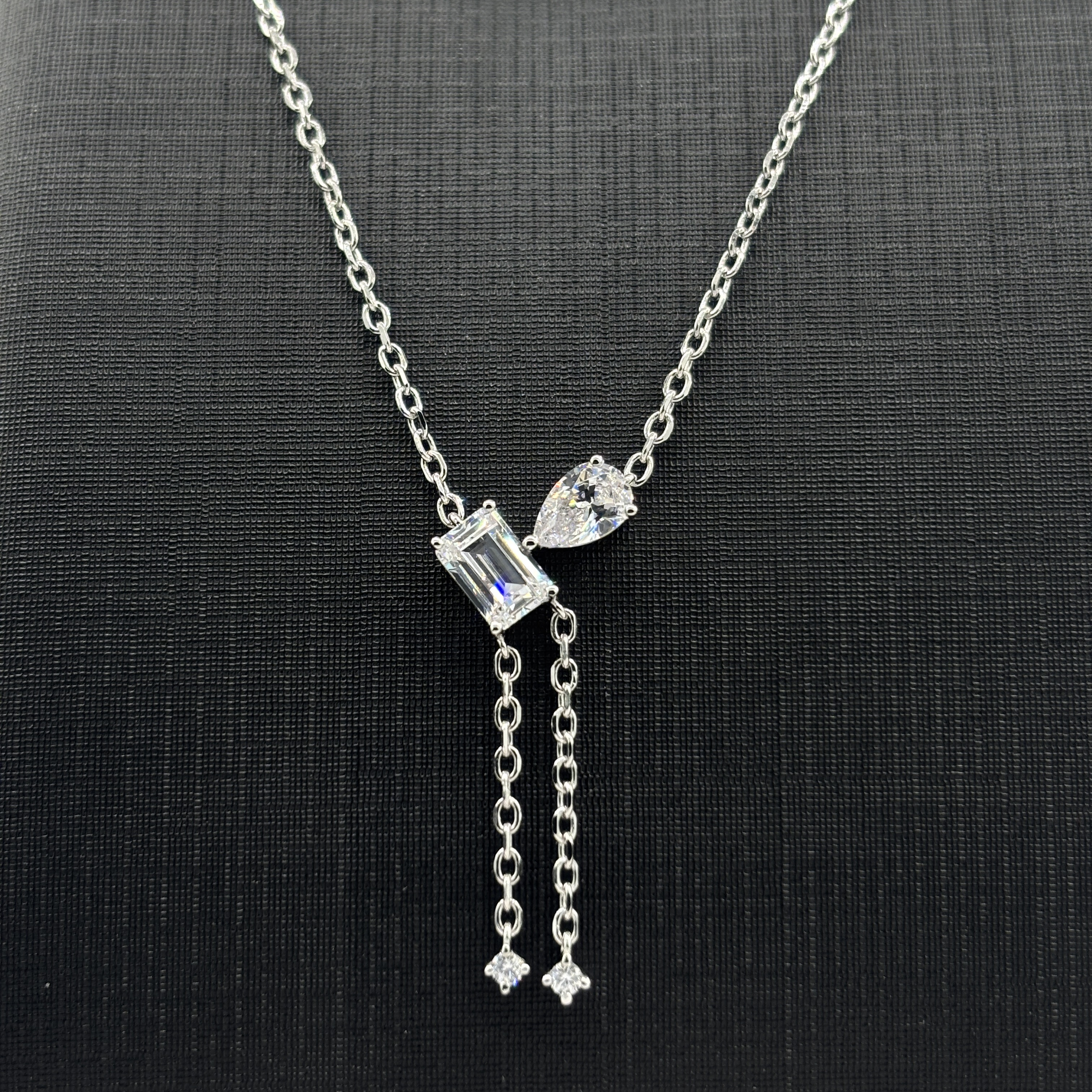 925 Sterling Silver Necklace 1 Carat Drop & Emerald Cut Moissanite - Tassel Chain Design & Dual Stone Setting Fine Jewelry
