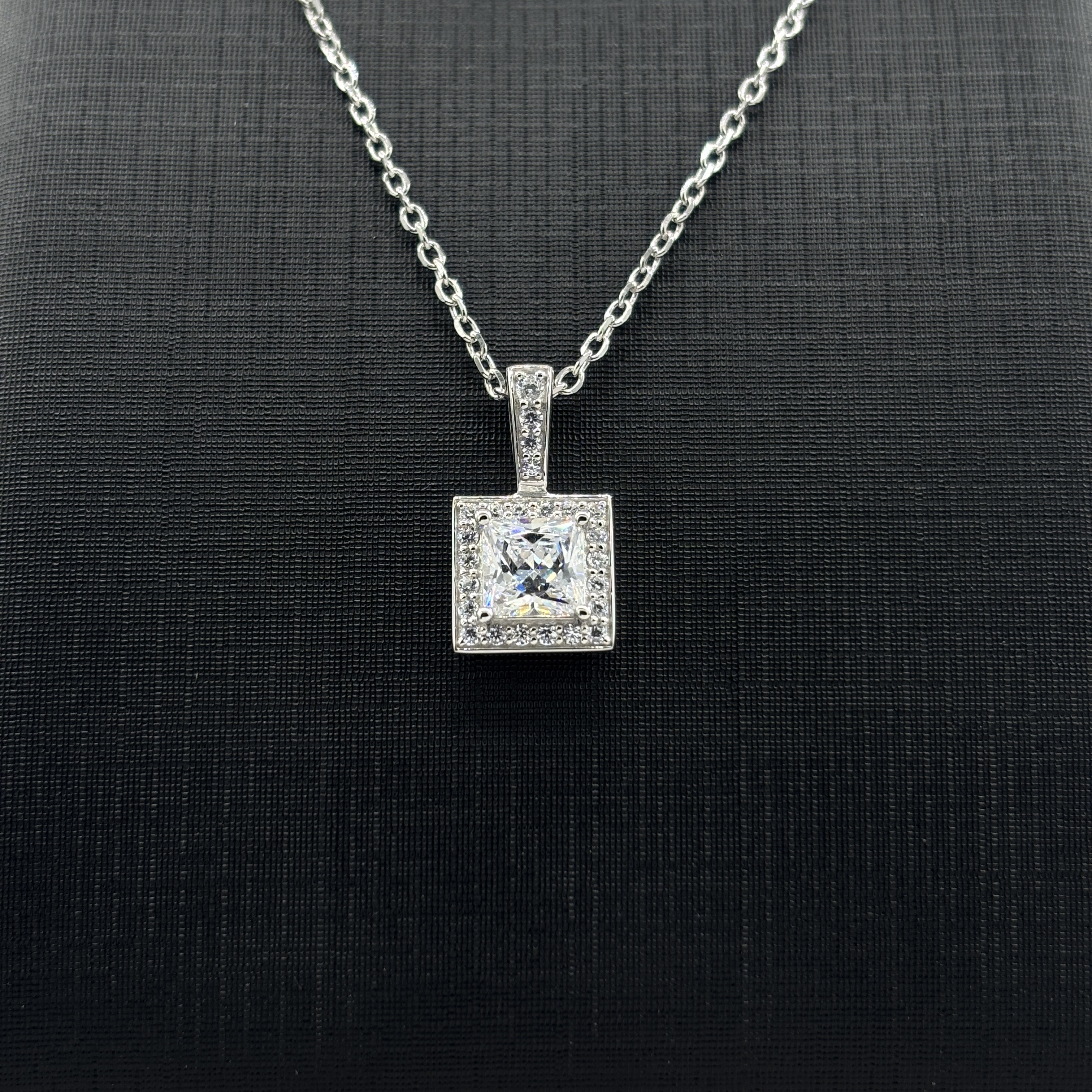 925 Sterling Silver Necklace 1 Carat Princess Cut Moissanite Pendant - Halo Square Gemstone Fine Jewelry for Women