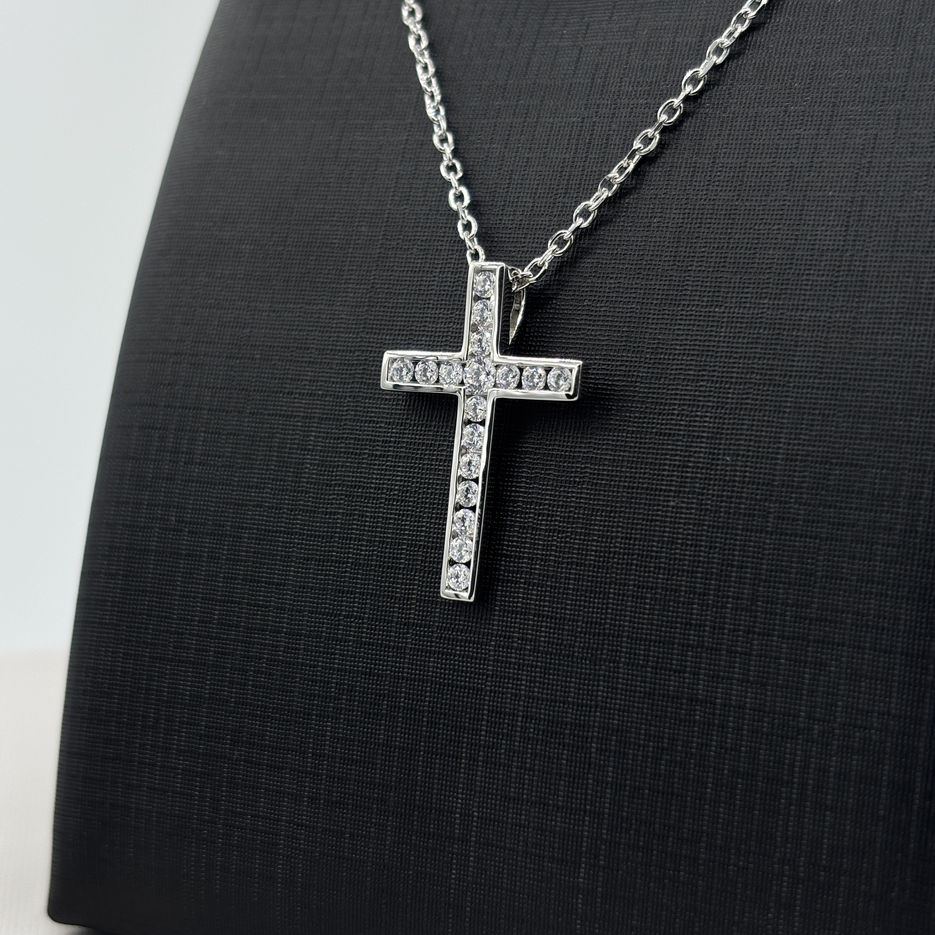 925 Sterling Silver Cross Necklace with Moissanite - Paved Stone & Sleek Strip Design Religious Fine Jewelry