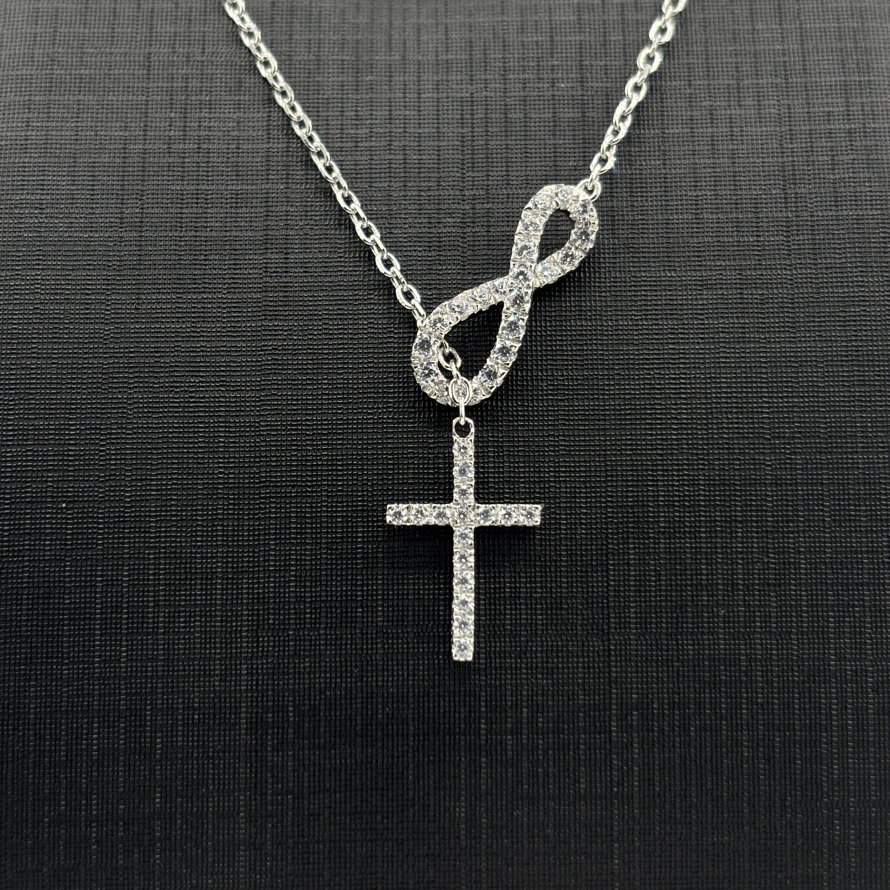 925 Sterling Silver Infinity & Cross Necklace with Moissanite - Paved Stone Dual Design Religious Fine Jewelry