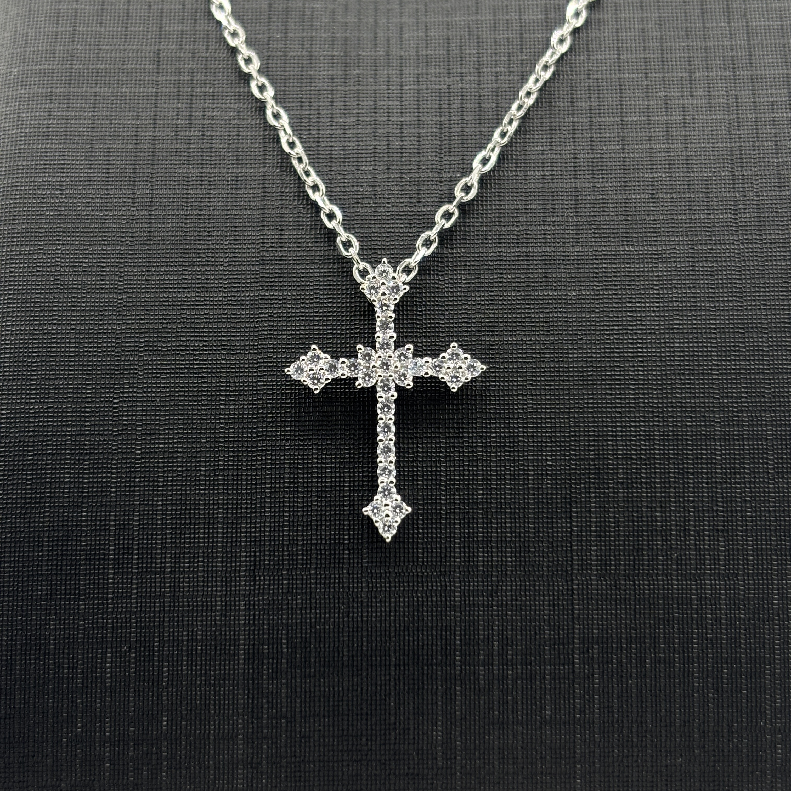 925 Sterling Silver Cross Necklace with Moissanite - Petal-Shaped Paved Stone & Intricate Setting Religious Fine Jewelry