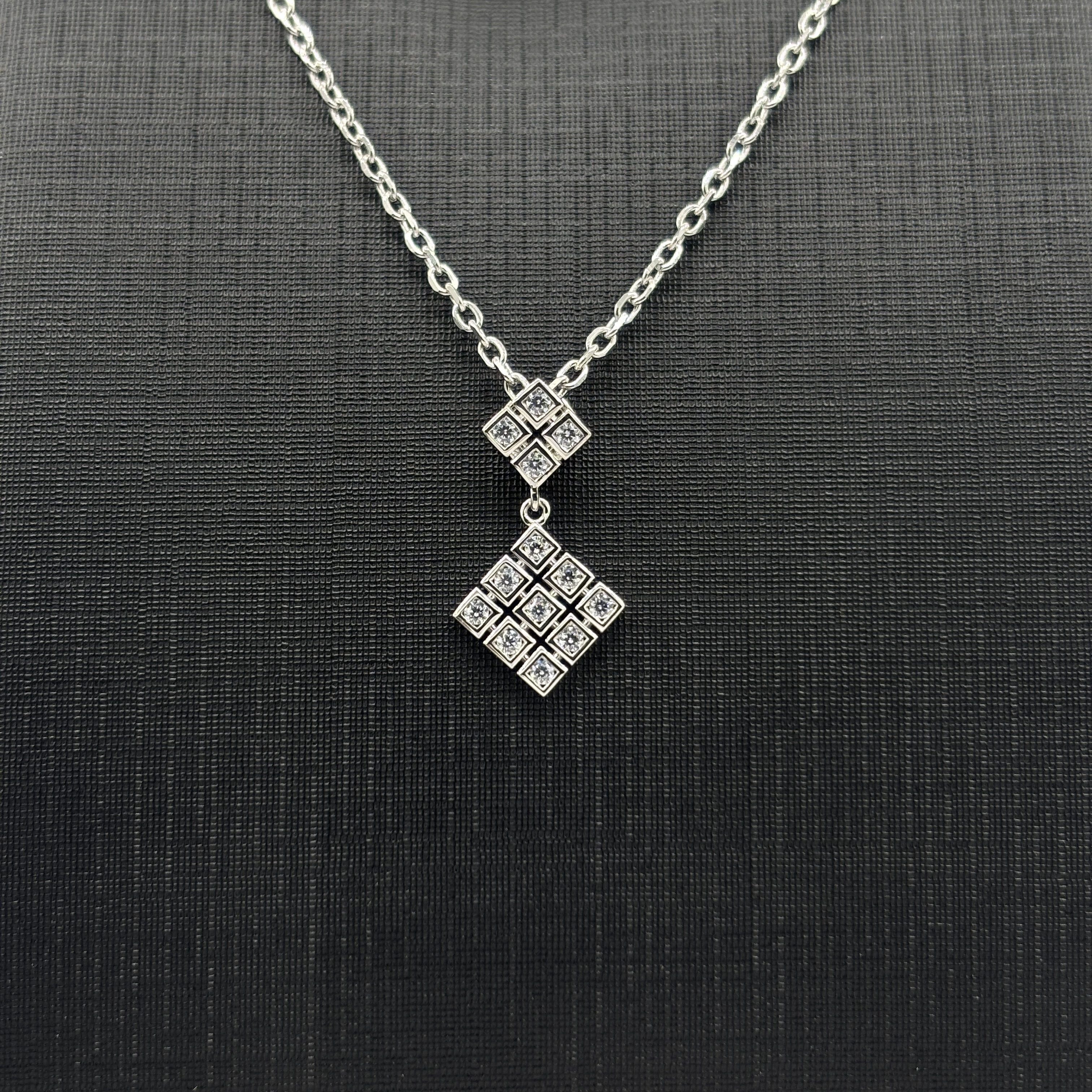 925 Sterling Silver Double Diamond Shaped Necklace with Moissanite - Grid Paved Setting & Layered Design Fashion Fine Jewelry