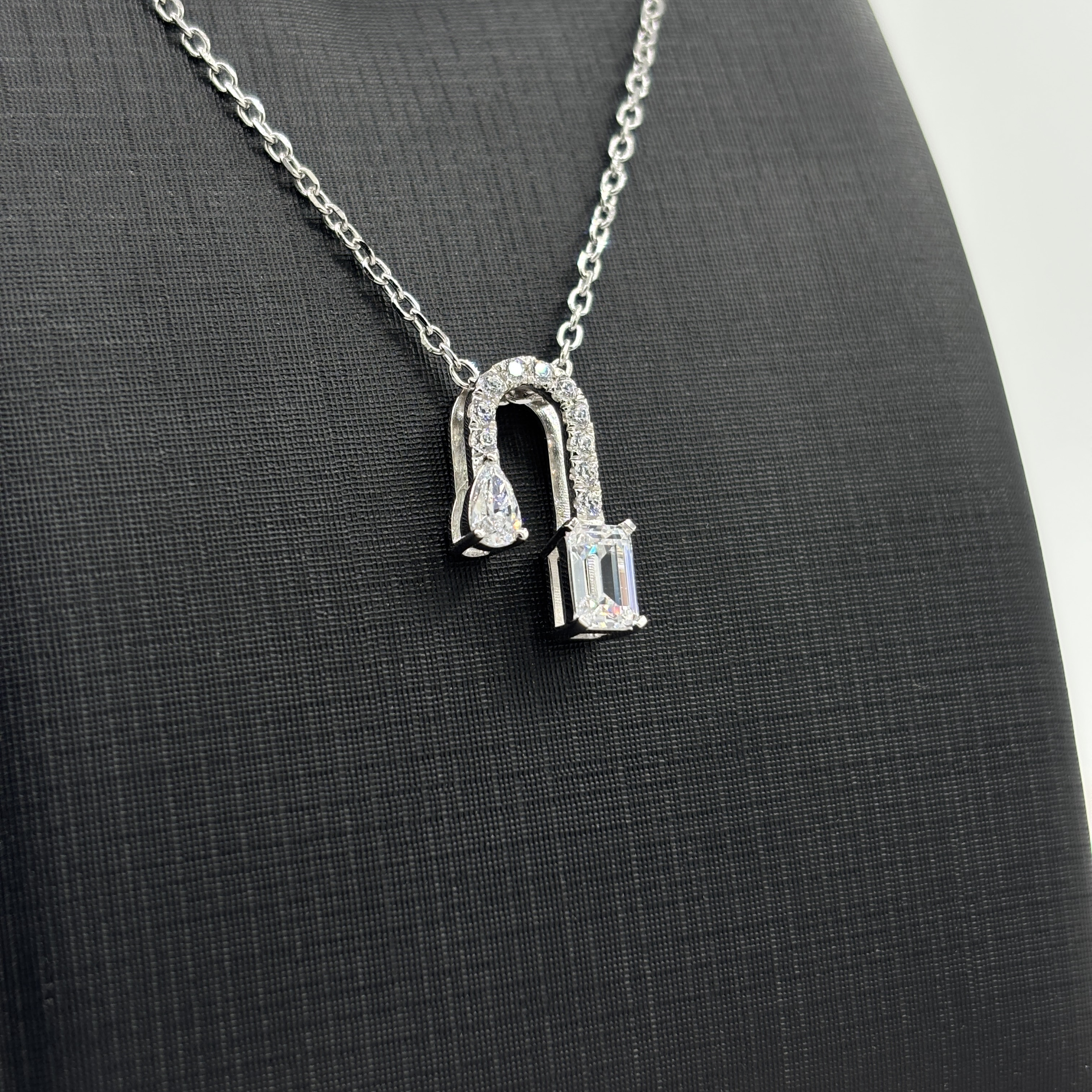 925 Sterling Silver Moissanite Necklace - U-Shaped Paved Border & Baguette+Teardrop Cut Gemstone Dual Design Fine Jewelry