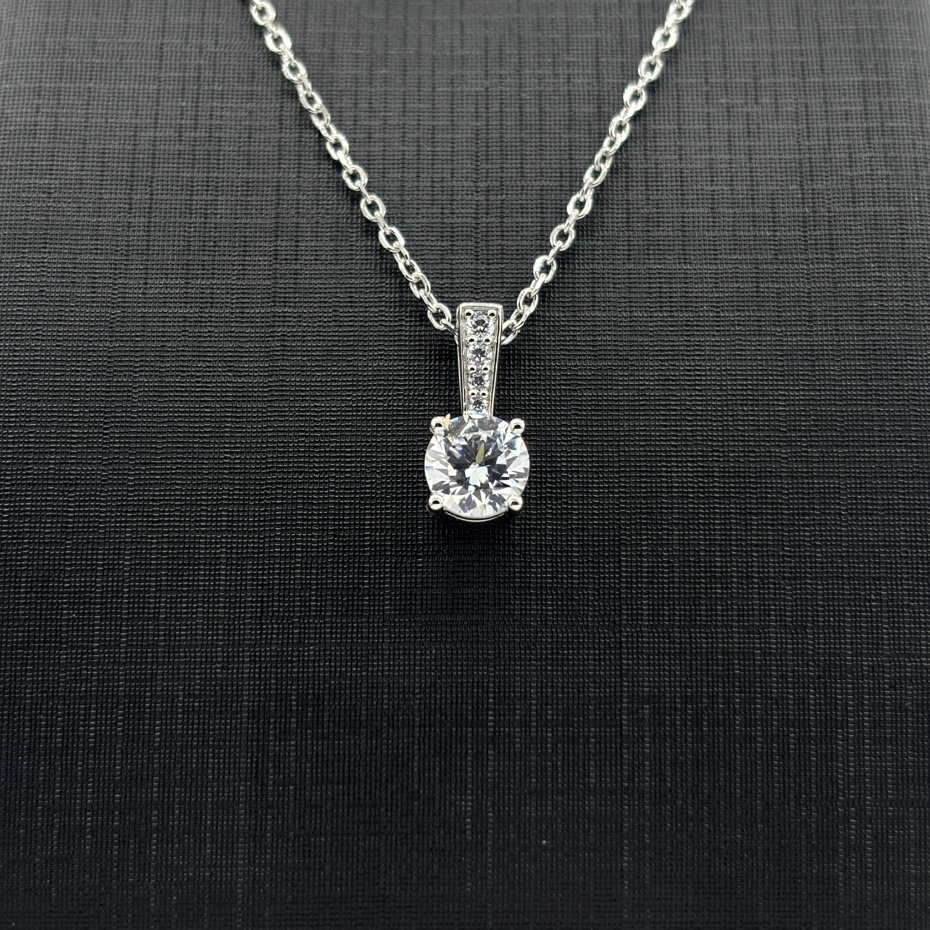 925 Sterling Silver Moissanite Necklace - Four-Prong Round Cut Gemstone & Vertical Paved Pendant Arm Minimalist Design Fine Jewelry