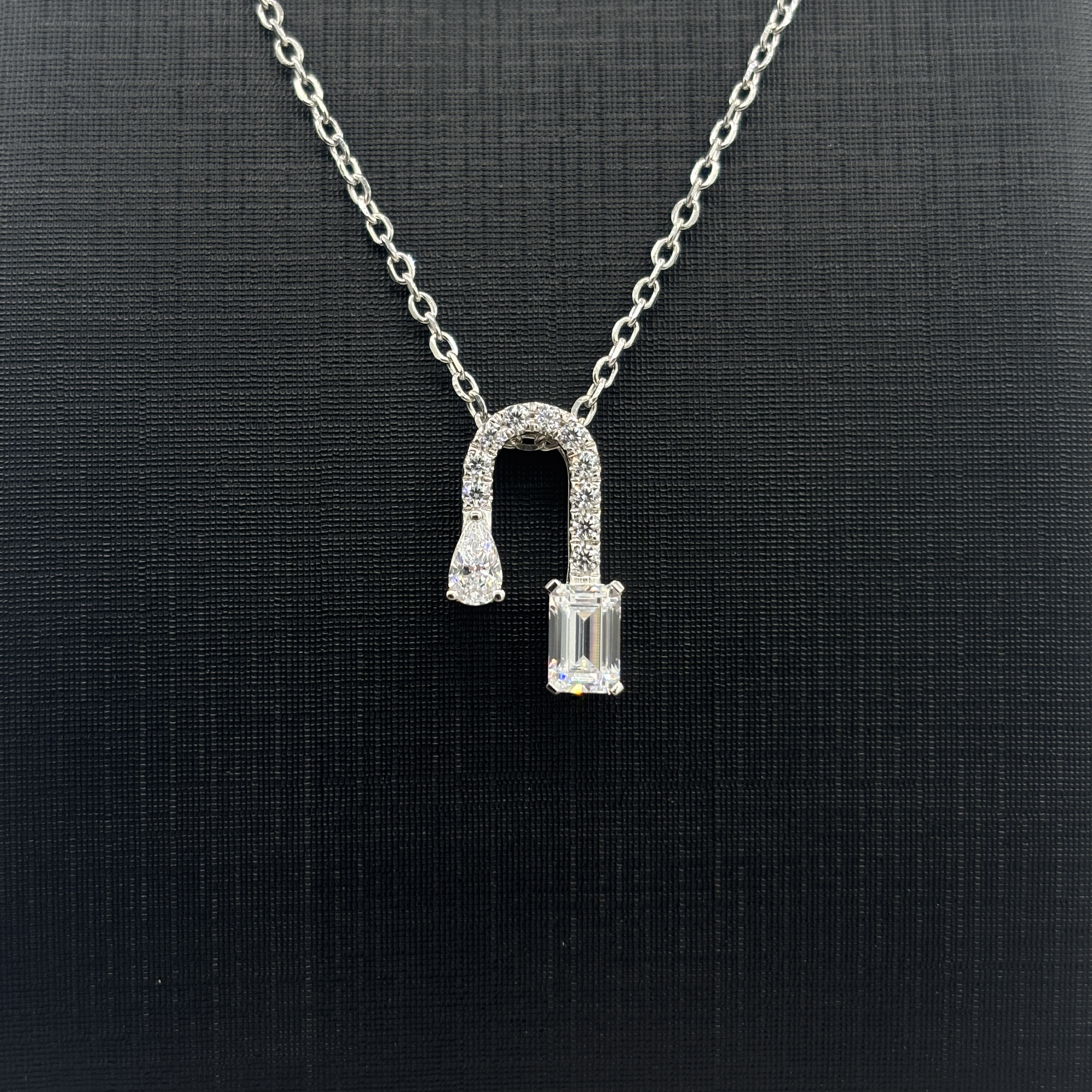 925 Sterling Silver Moissanite Necklace - U-Shaped Paved Border & Baguette+Teardrop Cut Gemstone Dual Design Fine Jewelry