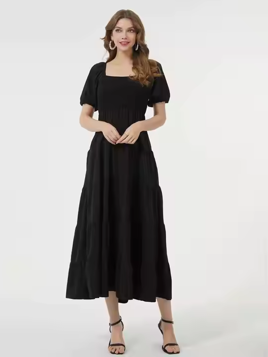 Highly Recommended Stylish Black Ruffle A-Line Dress for Women Streetwear Style with Solid Pattern for Summer Indian Exporters