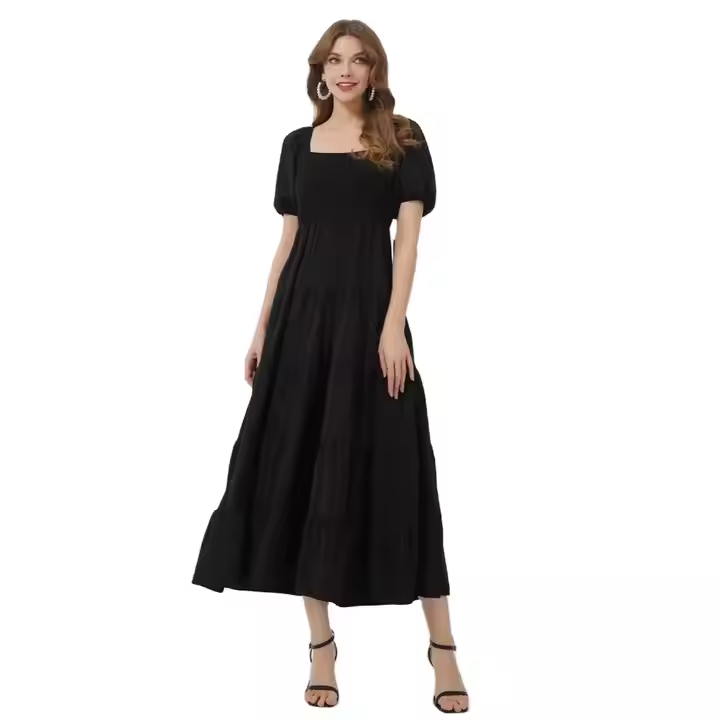 Highly Recommended Stylish Black Ruffle A-Line Dress for Women Streetwear Style with Solid Pattern for Summer Indian Exporters