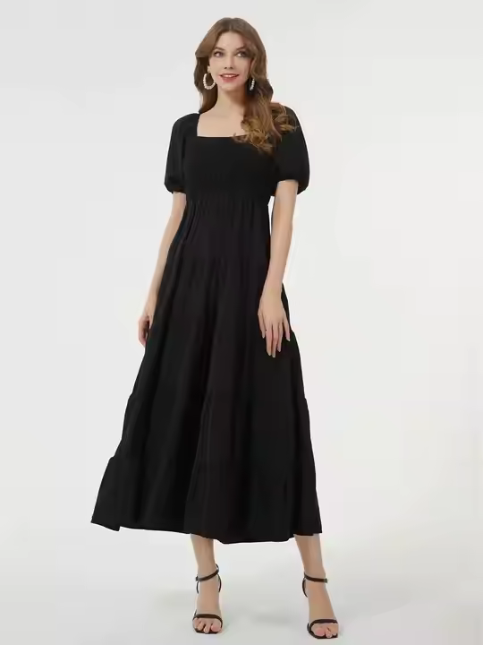 Highly Recommended Stylish Black Ruffle A-Line Dress for Women Streetwear Style with Solid Pattern for Summer Indian Exporters