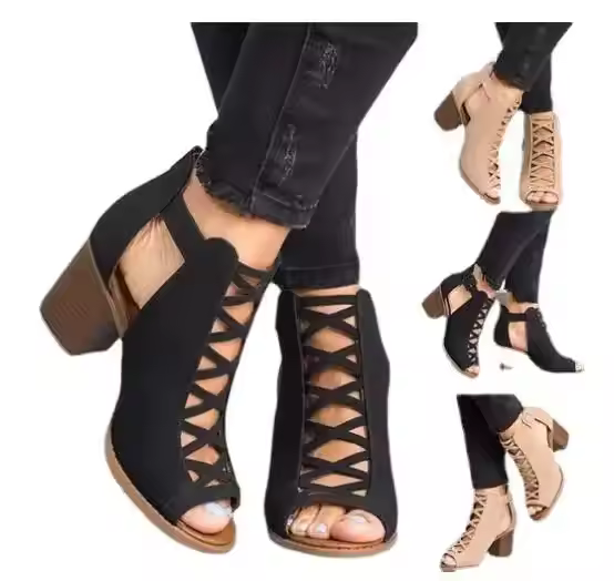 Wholesale Mid Heel Platform Hallow Thick New Ladies Block High Heel Sandals Female Dress Shoes Women