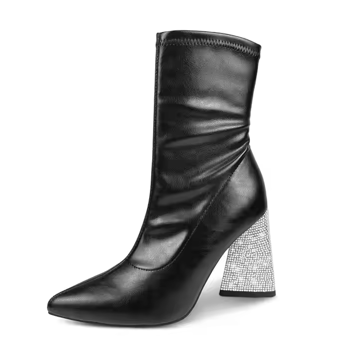 Factory Selling Pointed Toe Ankle Boots Rhinestone Chunky Booties Women Ladies Dress Shoes With Smooth Side Zipper
