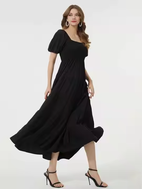Highly Recommended Stylish Black Ruffle A-Line Dress for Women Streetwear Style with Solid Pattern for Summer Indian Exporters