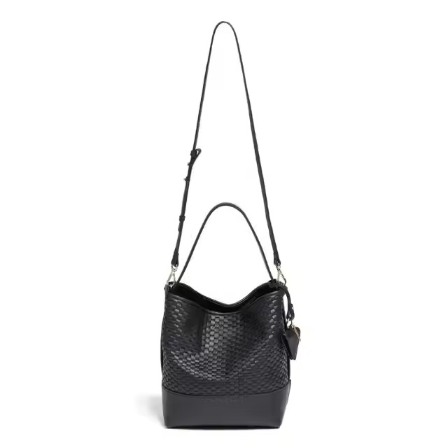 Made in Italy Woven with 18th Century Treadle Looms Leather Medium Bucketbag Black for Everyday use