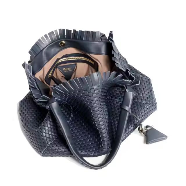 High Quality Italian Woven with 18th Century Treadle Looms Leather Large Handbag with Fringes Dark Blue for daytime