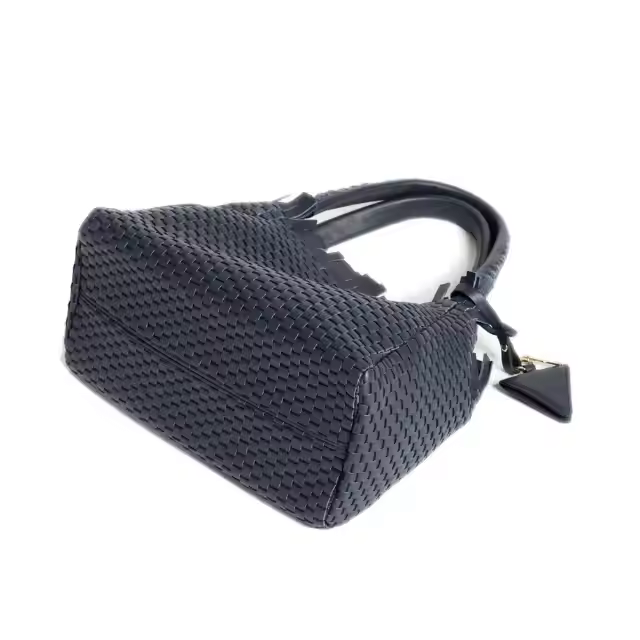High Quality Italian Woven with 18th Century Treadle Looms Leather Large Handbag with Fringes Dark Blue for daytime
