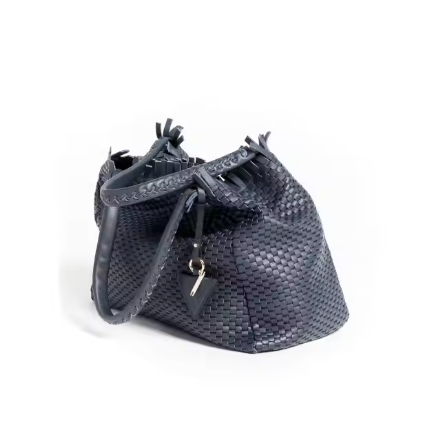 High Quality Italian Woven with 18th Century Treadle Looms Leather Large Handbag with Fringes Dark Blue for daytime