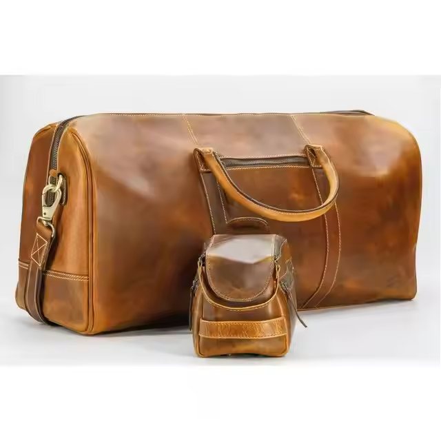 Leather Duffel Bag & Toiletry Bag Combo for Men/Women 24 inch Travel Sports Overnight Weekend Leather Duffle Bag for Gym