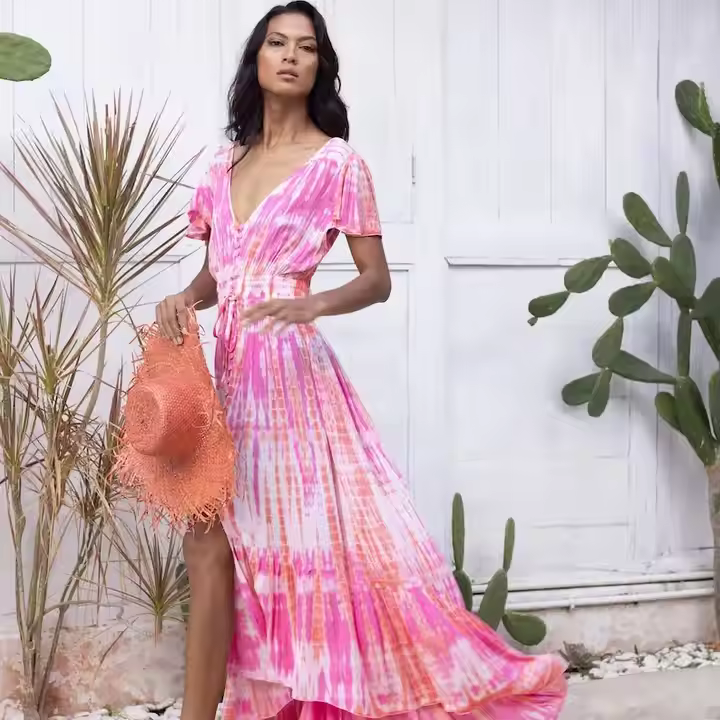 OEM Private Label Tie Dye Maxi Dress with Solid Pattern Fancy Designed Maxi Dress for Sale by Indian Exporters
