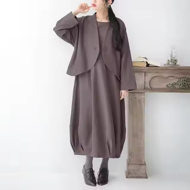 Linen-blend Viyella Fabric Jacket and Dress Women's Winter Two-piece Clothing Set Ladies for Girls