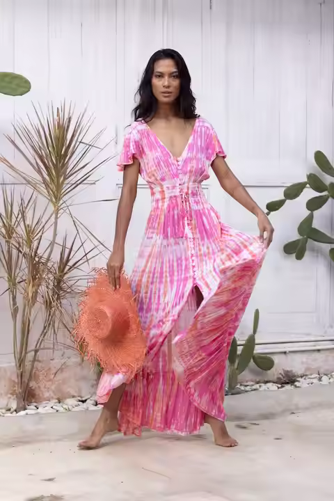 OEM Private Label Tie Dye Maxi Dress with Solid Pattern Fancy Designed Maxi Dress for Sale by Indian Exporters