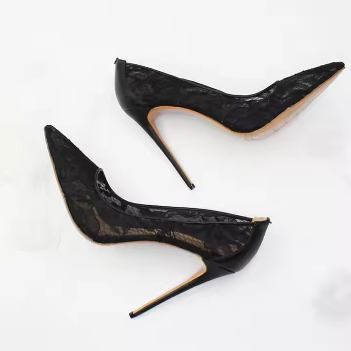 Custom Fashion Design Sheer Pointed Toe Lace and Patent Leather Slip on Stiletto High Heels Pumps
