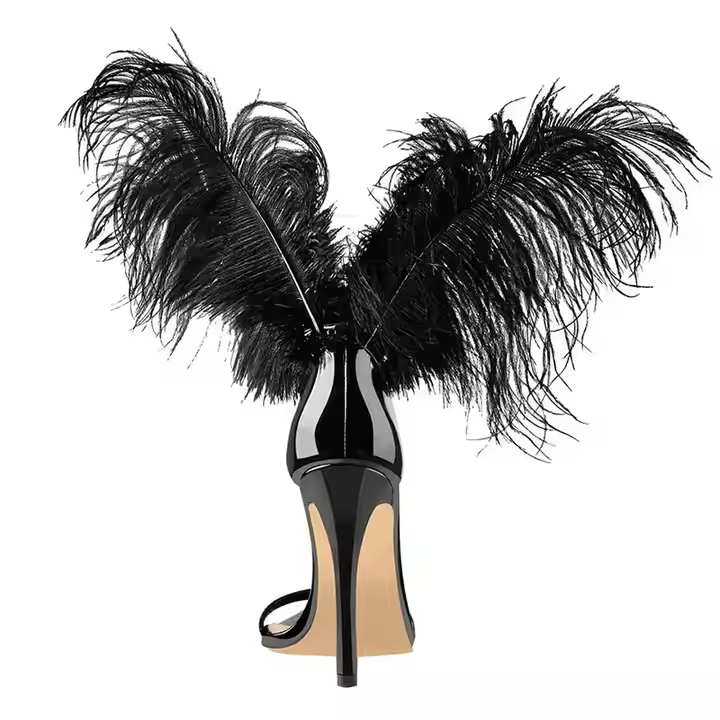 Custom Women Sandal Ankle Strap Open Toe Feather Black Lace up Thin Stiletto Heel Sandals