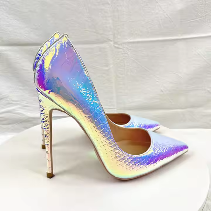 Custom 12CM Shiny Slip on Pu Upper Pointed Toe Women High Heel Snakeskin Pumps