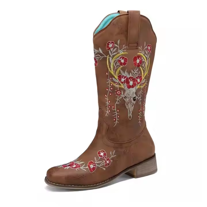 Women's Mid-Calf Western Boots with Custom Embroidery Square Toe Thick Heel Fashionable Cowboy Design for Winter