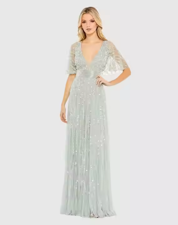 Women's Sexy V-Neck Short Sleeve Long Halter Prom Dress Heavy Beaded Hand Embellished Bodice Sequined for Parties Evening Events