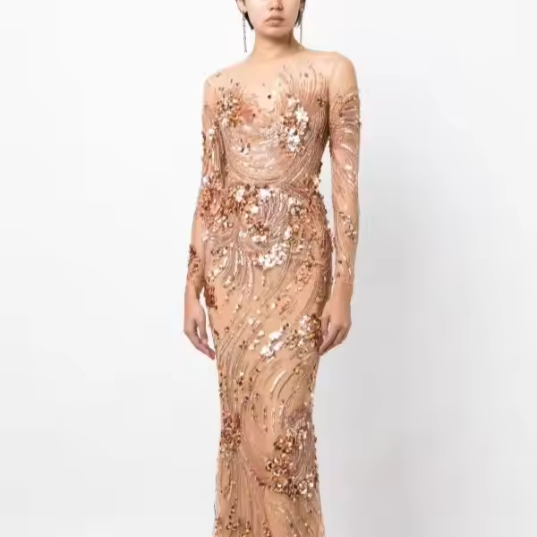 Luxury Floral Pattern Evening Party Ball Gown High Quality Beaded Sequin Embroidery Full Sleeve Long Body Shape Anti-Static