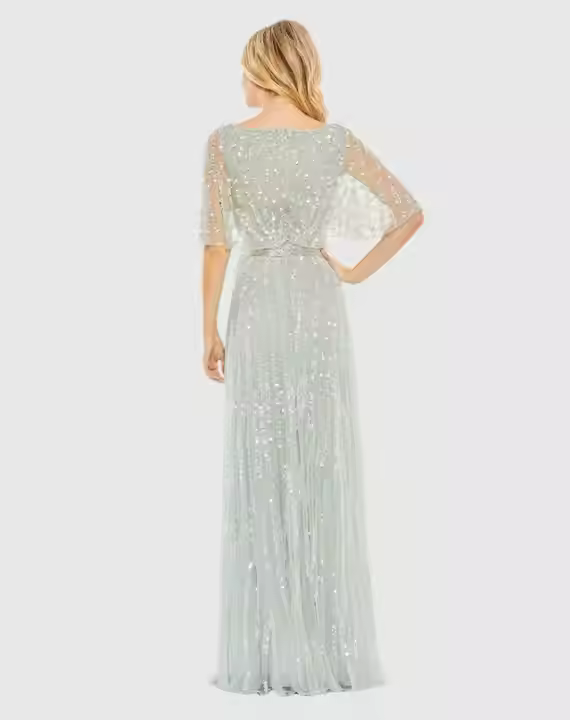 Women's Sexy V-Neck Short Sleeve Long Halter Prom Dress Heavy Beaded Hand Embellished Bodice Sequined for Parties Evening Events