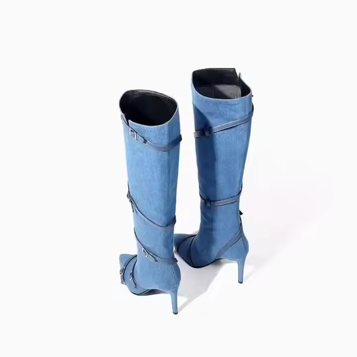 Custom Women's Stiletto Boots New Arrival Ladies Long Heel Fashion Pointy Toe Denim Knee-High Strap Winter Boot