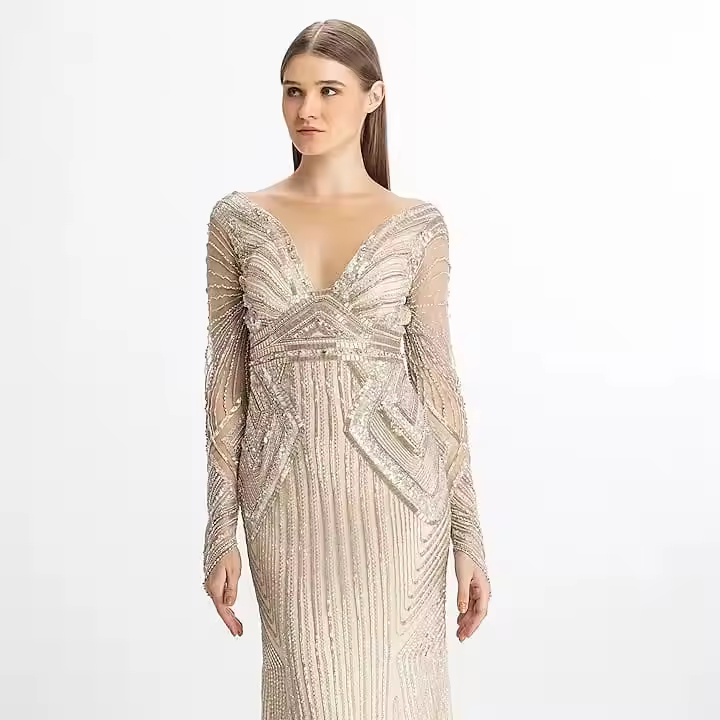 Elegant Floral Aline Luxury Evening Party Ball Gown full Sleeve Beaded Sequin Embroidery Long Body Shape Made High Quality