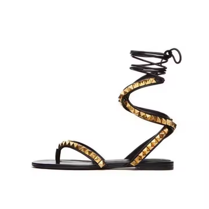 Custom Large Size 34-45 Metal Rivets Ladies' Roman Style Summer Wrap Flip PS Flat Sandals PU Rubber Spring Shoes